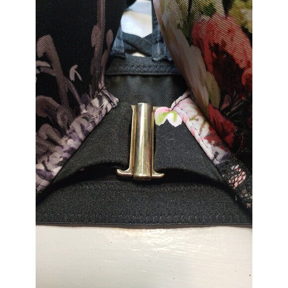 Cacique Bra 44F Racer Back Front Gold Bar Enclosure Black Floral Lace EUC - Picture 10 of 11